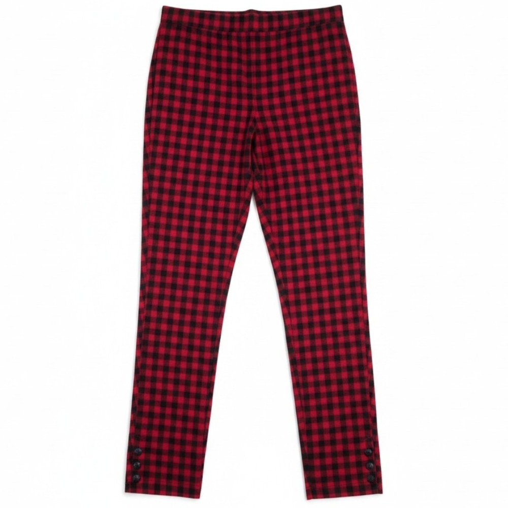 Talbots‎ Pants Womens S Red Black Buffalo Plaid Pull On Knit Button Ankle Skinny